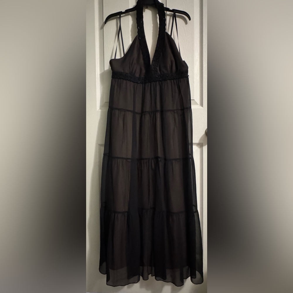 Max & Cleo | black and tan beaded maxi halter dress